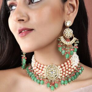 Luxury Gold Plated Green & Red Beaded Kundan Necklace Set