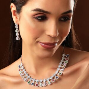 Silver Plated Multicoloured Stone Studded American Diamond Necklace Set.