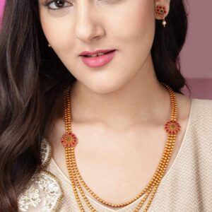 Traditional Gold Plated Layered Necklace Set With Ruby Stoned Earrings